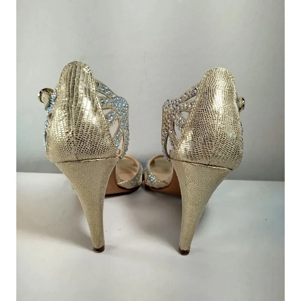 Kelly & Katie Womens Size 7 Champagne Rhinestone T-Strap Heels Dress Sandals - Picture 4 of 7